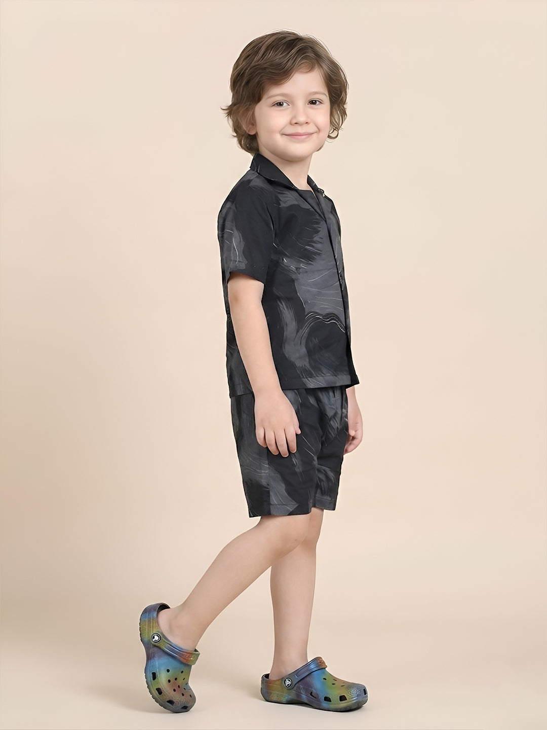 Polka Tots Half Sleeves Brush print Co-ords - Navy