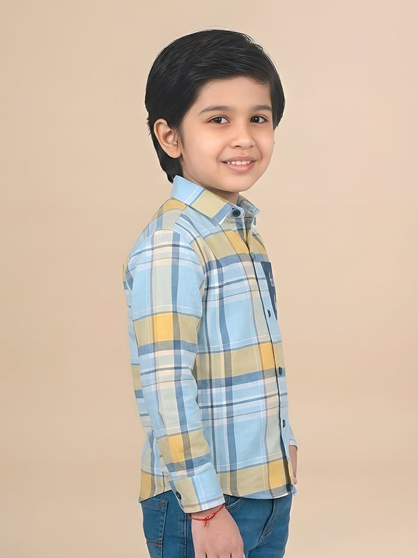 Polka Tots Full Sleeves Baby Boss print Checks Shirt - Light Blue