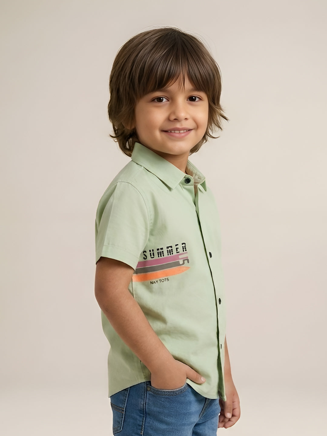 Polka Tots Cotton Regular Fit Half Sleeve Summer USA Metallic Print Shirt - Pista Green