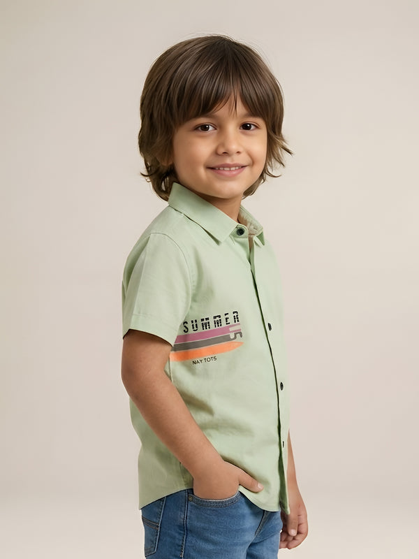 Polka Tots Cotton Regular Fit Half Sleeve Summer USA Metallic Print Shirt - Pista Green