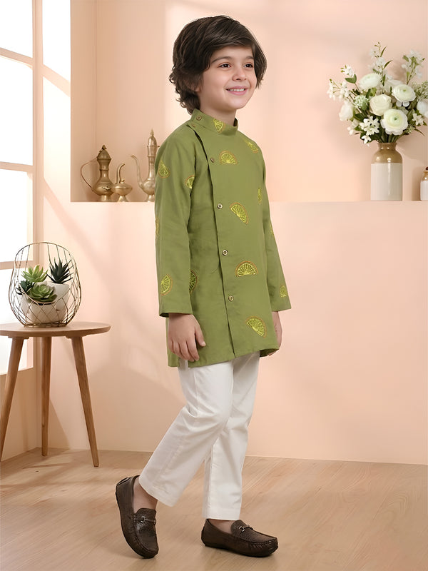 Polka Tots Full Sleeve Citrus Embroidered Ethnic Kurta Pyjama Set - Green