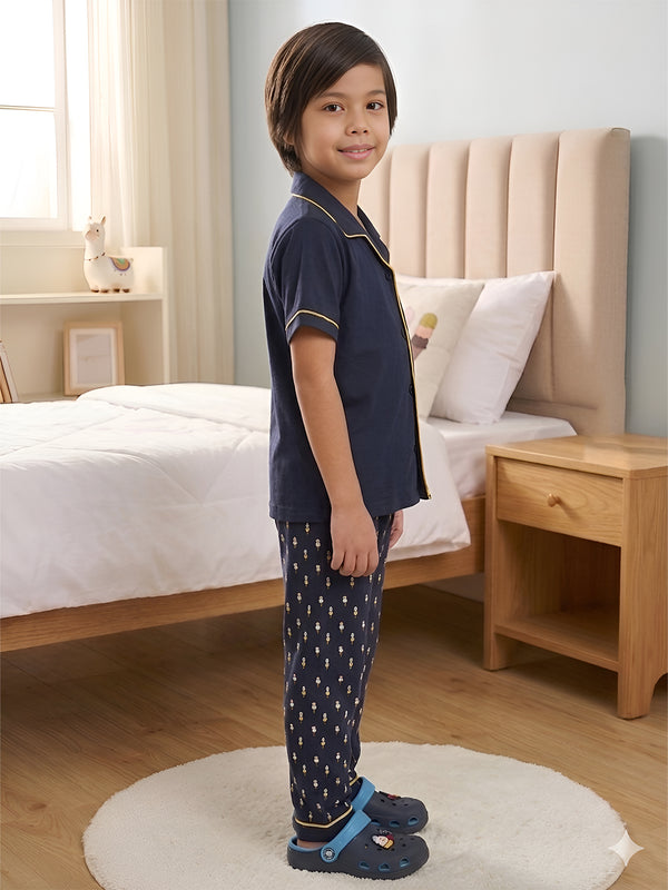 Polka Tots Half sleeves Ice cream Print Night Suit - Navy