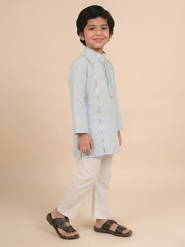 Polka Tots Full Sleeve Silver stripe Kurta Pyjama Set - Blue