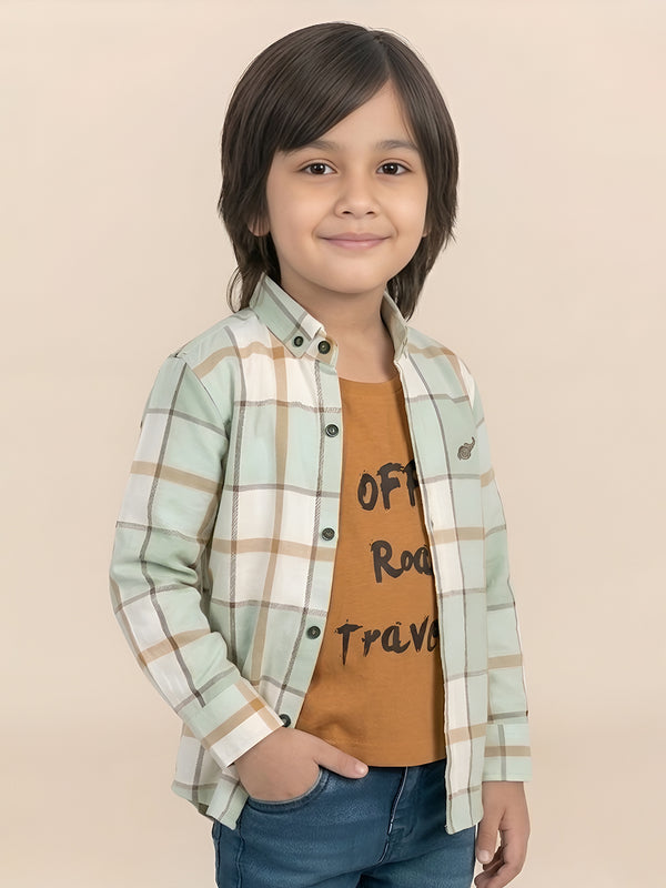Polka Tots Full Sleeves Off Road Traveller Checks print Tshirt shirt - Green