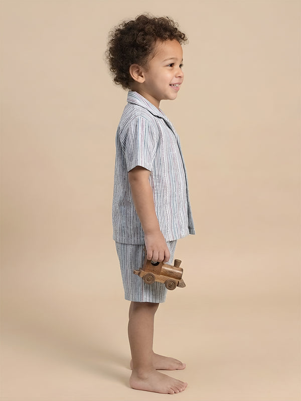 Polka Tots Cotton Half Sleeves Stripes print Co-ords - Blue