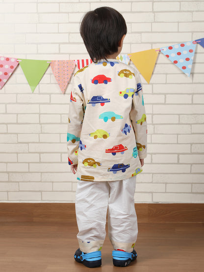 Polka Tots Vehicles print Full sleeves Nightwear Kurta pyjama set - Yellow