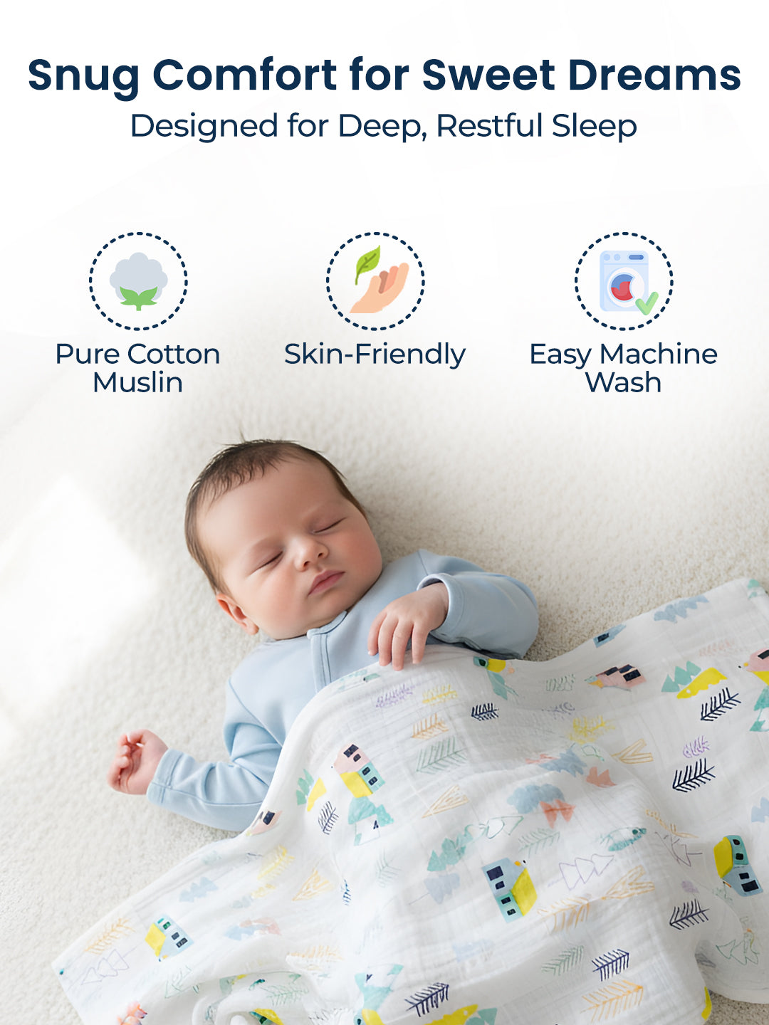Baby sleeping under a colorful blanket with text about comfort and sleep quality.