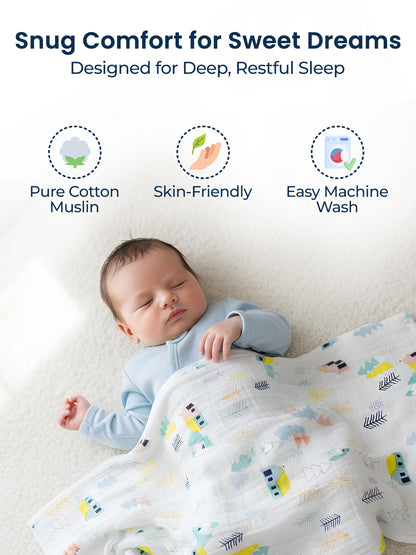 Baby sleeping under a colorful blanket with text about comfort and sleep quality.