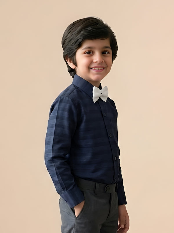 Polka Tots Full Sleeves Cotton Shirt with Bow Tie - Navy