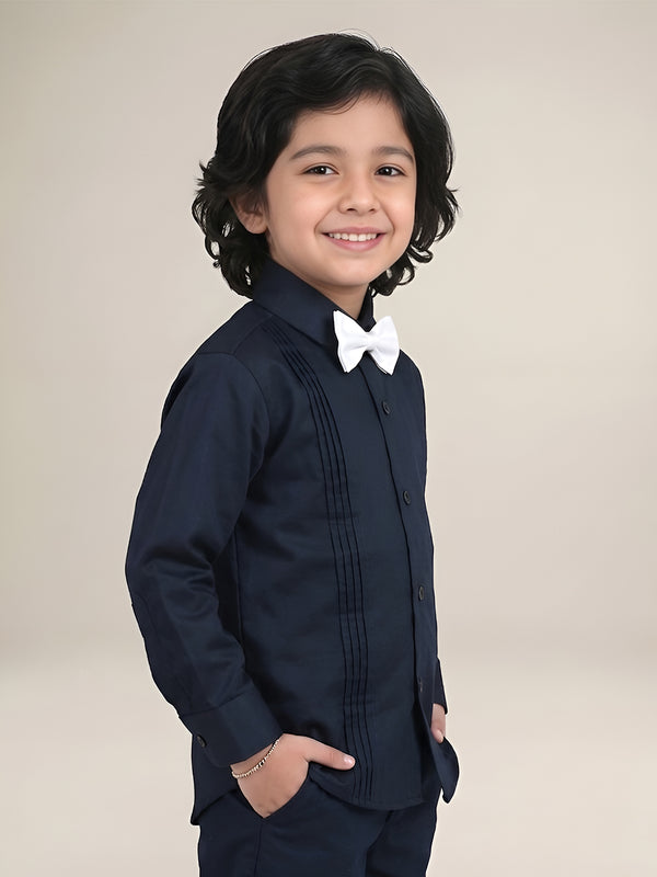 Polka Tots Full Sleeves Cotton Satin Shirt with Bow Tie - Black