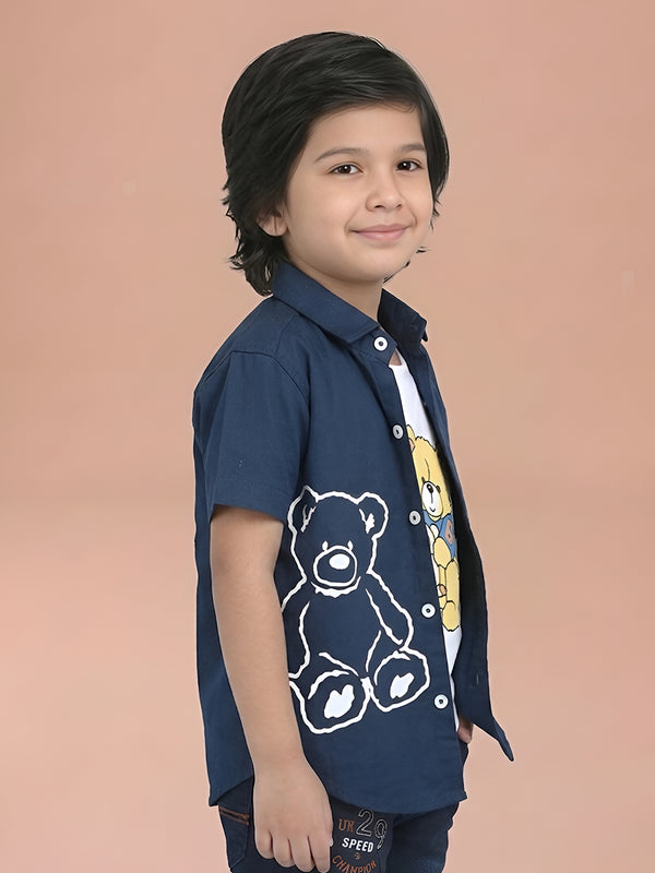 Polka Tots Half Sleeves Teddy print T-shirt shirt - Navy Blue