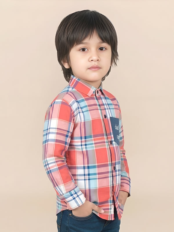 Polka Tots Full Sleeves Dads Copy print Checks Shirt - Coral