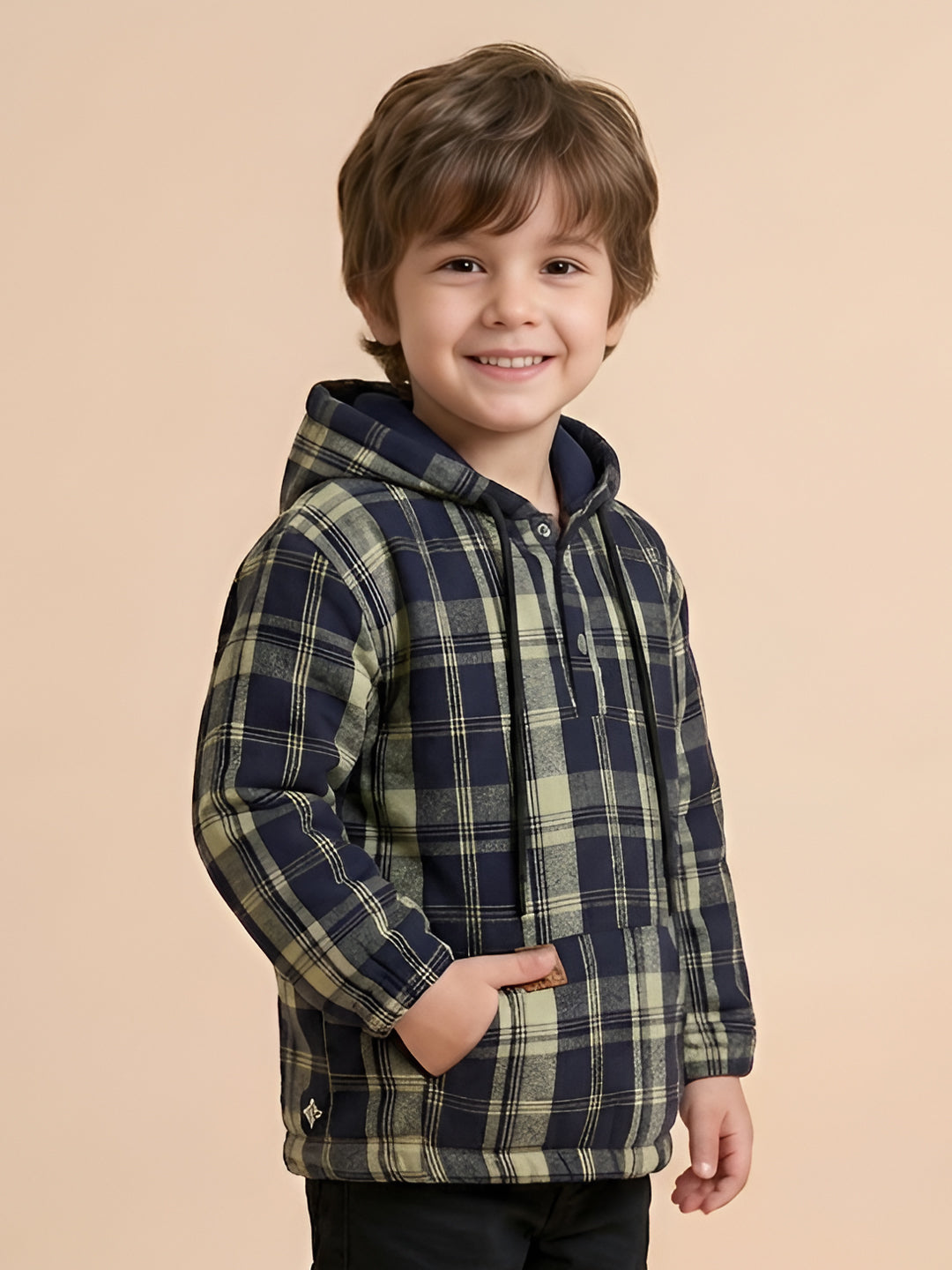 Polka Tots Kids Full Sleeves Checked Hoodie Shirt - Black and Green