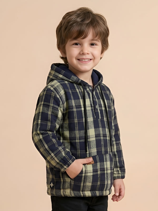 Polka Tots Kids Full Sleeves Checked Hoodie Shirt - Black and Green
