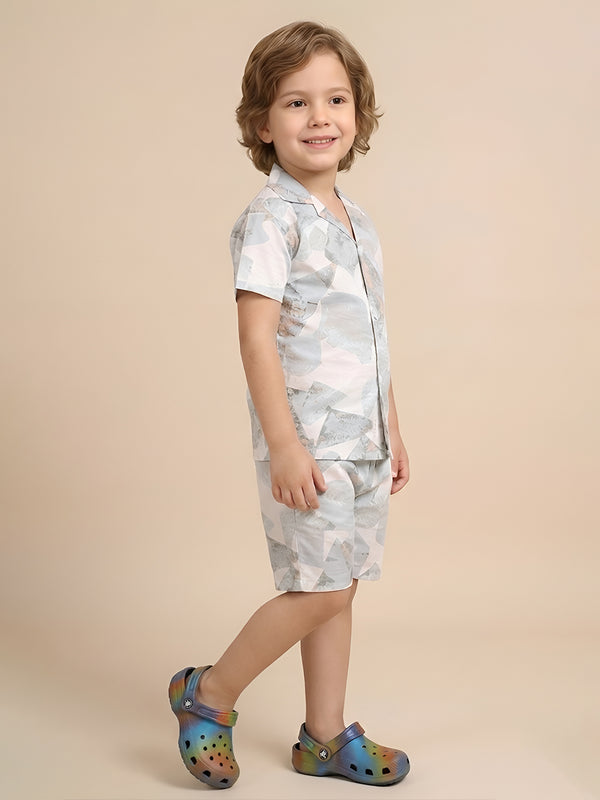 Polka Tots Cotton Half Sleeves Shirt With Shorts/Co-ord - White