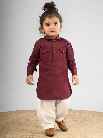 Polka Tots Full Sleeves Pathani Set - Maroon