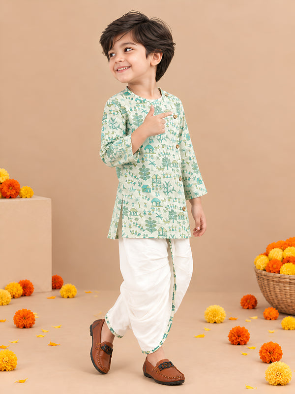 Polka Tots Cotton Full Sleeve Village Print Angrakha Top With Dhoti - Cream