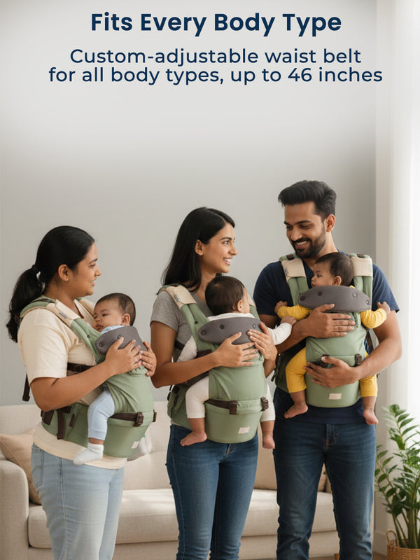 Polka Tots 6-in-1 Hip Seat Baby Carrier with Airbag, Extra Cushioning for C-Section Moms, Waist Belt up to 47 Inches with Lumbar Support (Green)