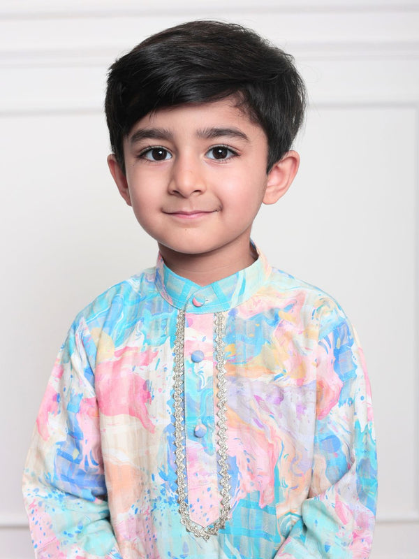 Polka Tots Full Sleeve Abstract print Ethnic Kurta Pyjama Set - Blue