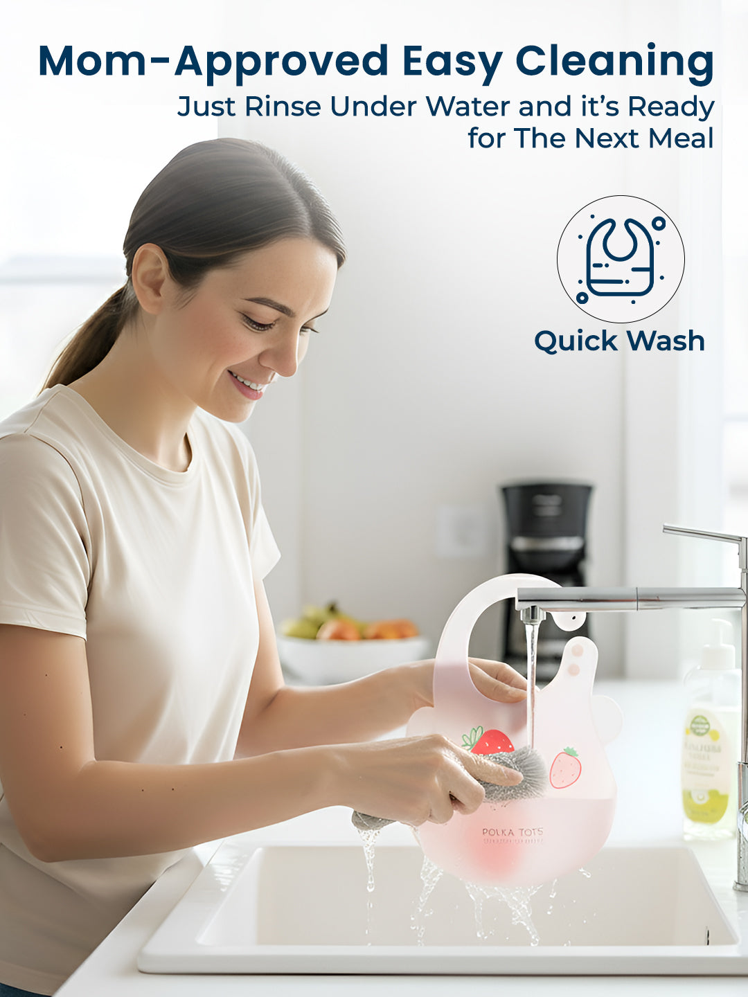 Woman washing a pink kitchen appliance under running water with text about easy cleaning.
