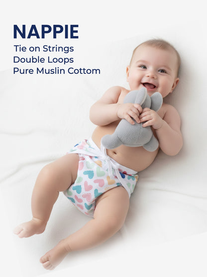 Polka Tots Newborn Pack of 6 100% Soft Double-Layer Muslin Cotton Essentials Gift Box - Mini Hearts Print