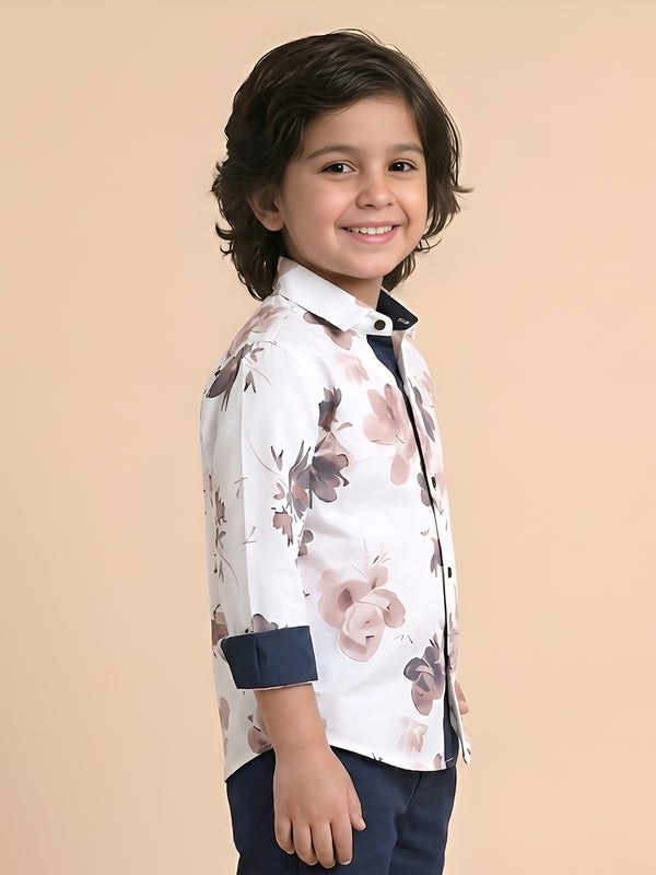 Polka Tots Full Sleeve Shirt Rust Blue Floral Print - White