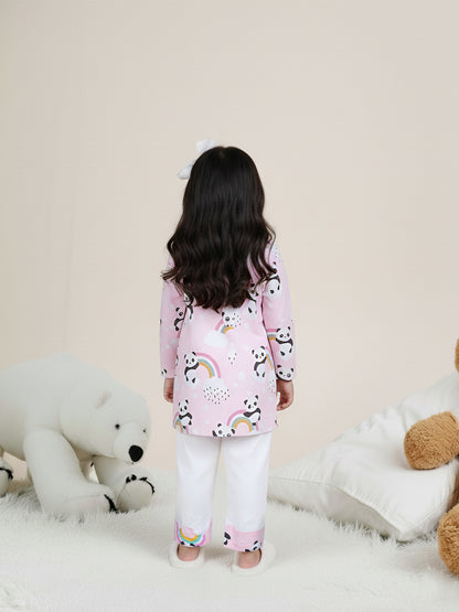Polka Tots Panda Rainbow Print Full sleeves Nightwear Kurta pyjama set - Pink
