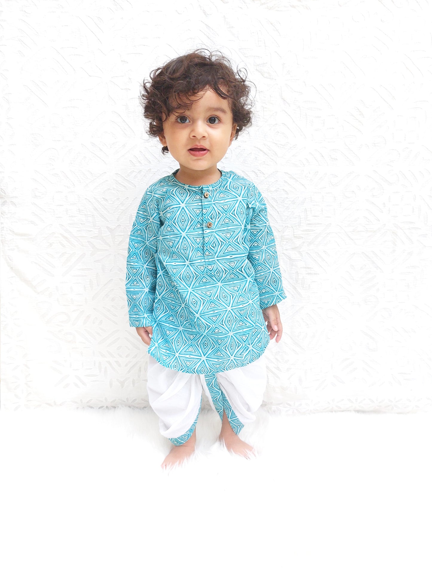 Polka Tots 100% Super Soft Cotton Geometric Print Full Sleeve Kurta With Dhoti Set - Sky Blue