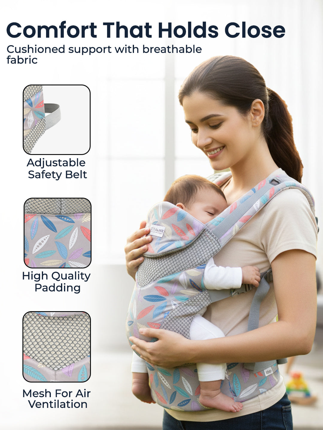 Woman holding a baby in a carrier with text highlighting features like adjustable safety belt, high-quality padding, and mesh for air ventilation.