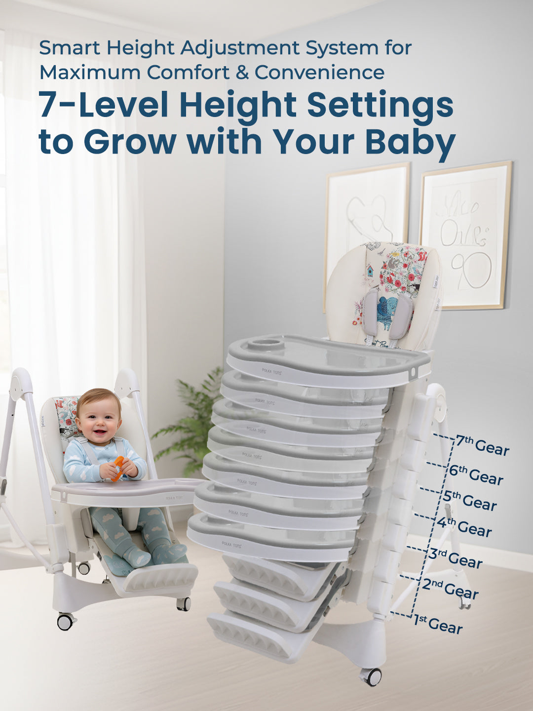 Baby high chair with height adjustment system and baby sitting in it, against a neutral background.