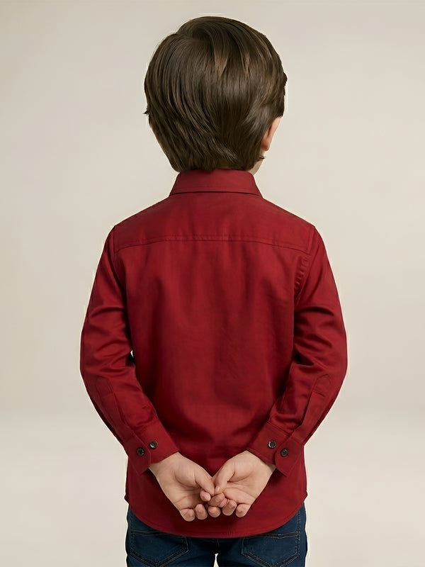 Polka Tots Full Sleeve Party Wear Reverse Collar Placket With Bow Tie Kids Shirt - Red
