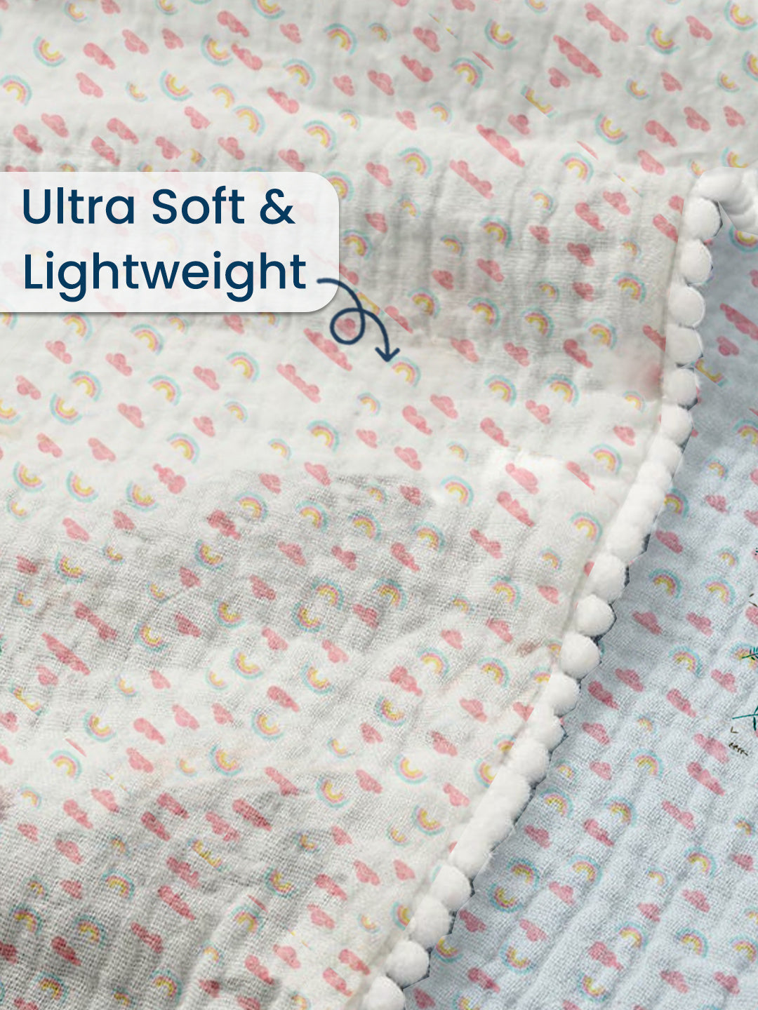 Polka Tots 100% Soft Muslin Cotton 3-Layer Reversible Baby Blanket/Dohar with Pom-Pom Lace - Rainbow Mist & Polka Dots Print
