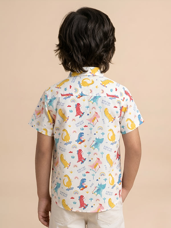 Polka Tots Half Sleeves Dinosour Print  Shirt - White