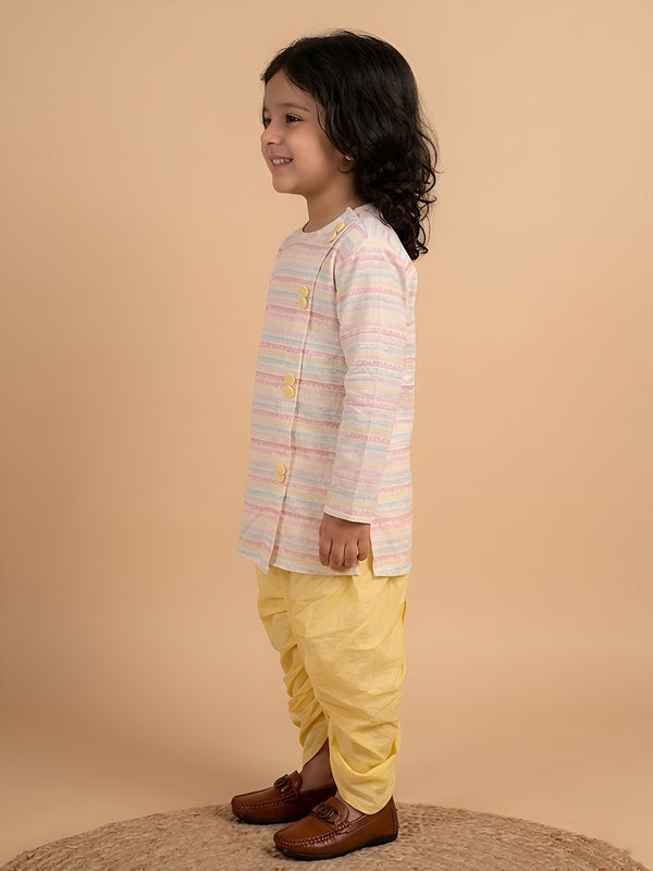 Polka Tots Full Sleeve Stripe Angrakha With Dhoti - Yellow