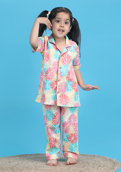 Polka tots Half Sleeve Lemon print Night Suit - Multicolor