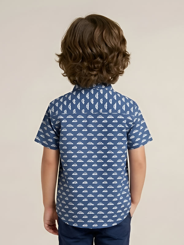 Polka Tots Half Sleeves Car Print Shirt - Blue