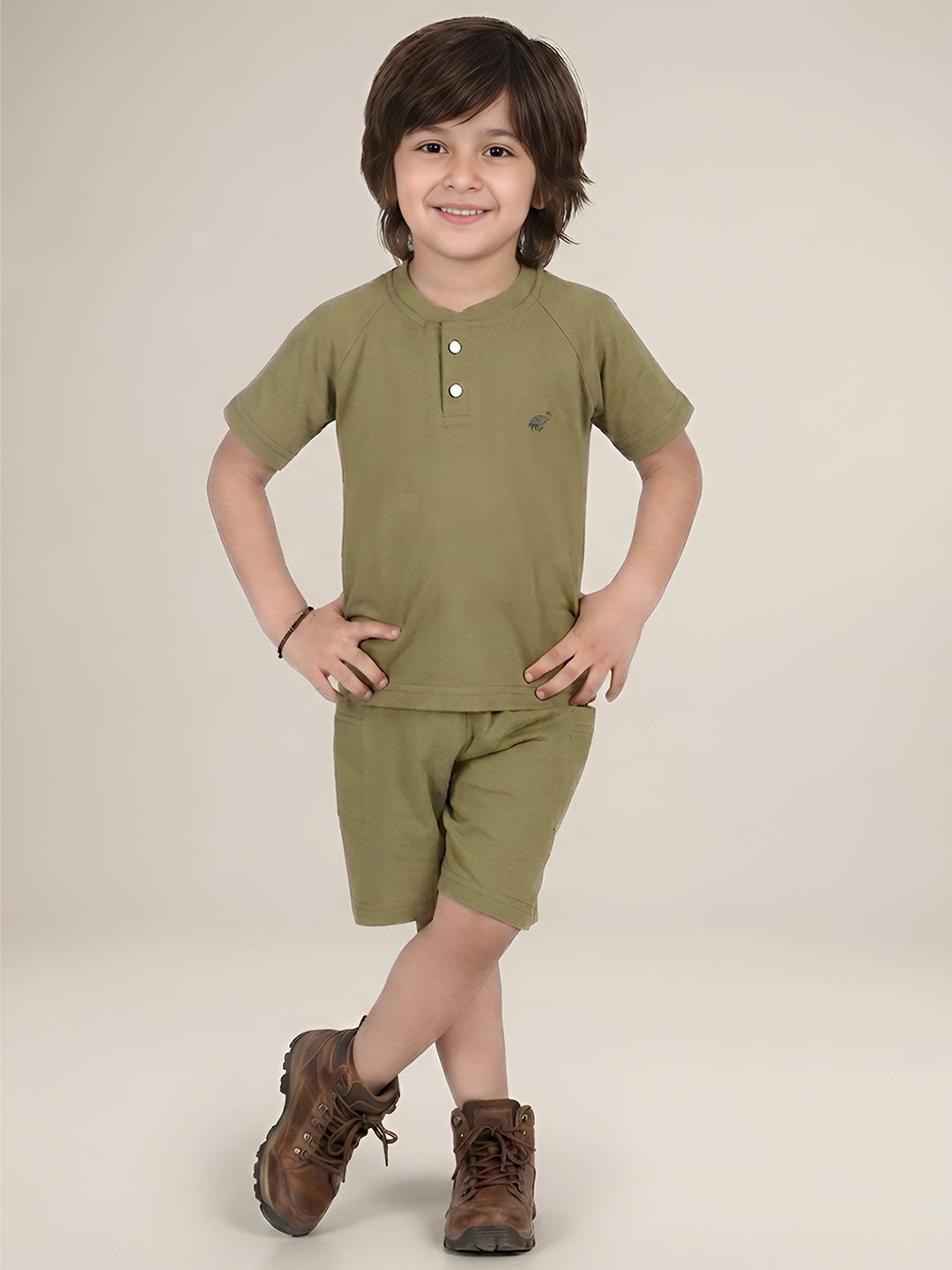 Polka Tots Half Sleeves Solid T-Shirt Shorts - Green