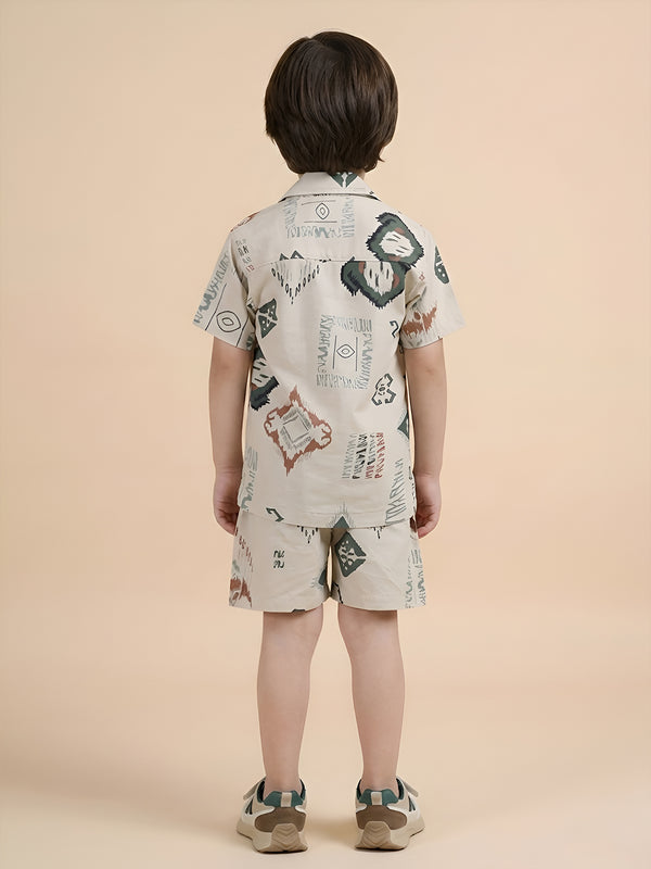 Polka Tots Half Sleeves Abstract print Co-ords - Cream