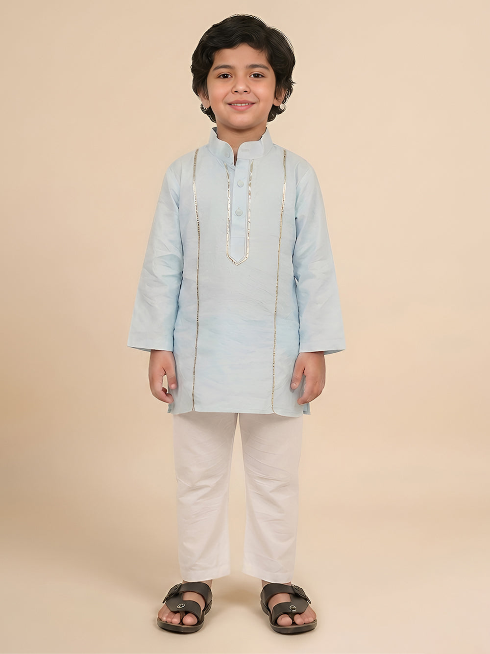 Polka Tots Full Sleeve Silver stripe Kurta Pyjama Set - Blue
