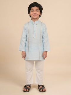 Polka Tots Full Sleeve Silver stripe Kurta Pyjama Set - Blue