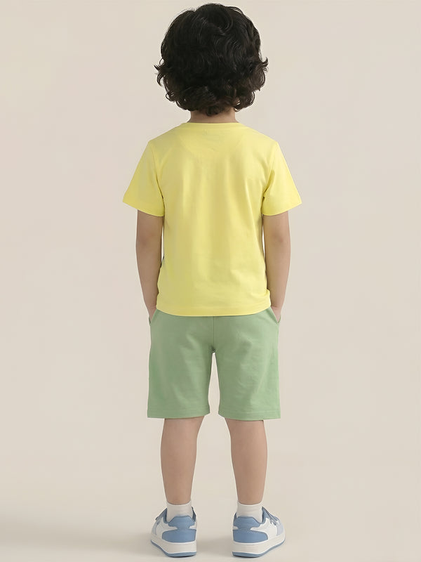 Polka Tots Half Sleeves Alligator print T-Shirt Shorts - Yellow and Green
