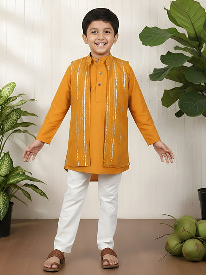 Polka Tots Full Sleeve Ethnic Kurta Pyjama Set with Foil Striped Koti - Orange