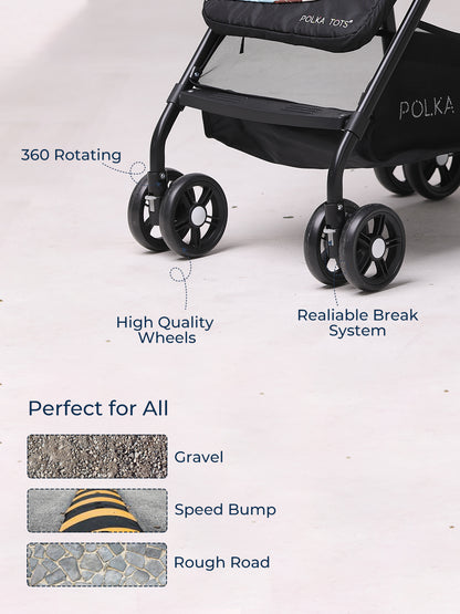 Black stroller with features highlighted on a white background