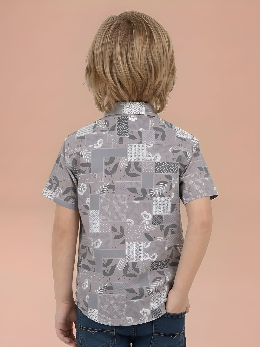 Polka Tots Cotton Regular Fit Half Sleeve Leaf Printed Kids Shirt - Grey
