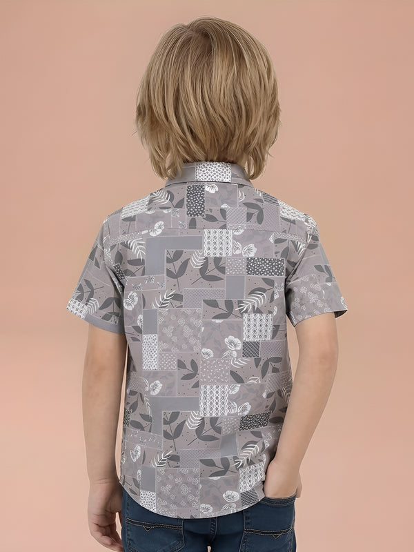 Polka Tots Cotton Regular Fit Half Sleeve Leaf Printed Kids Shirt - Grey