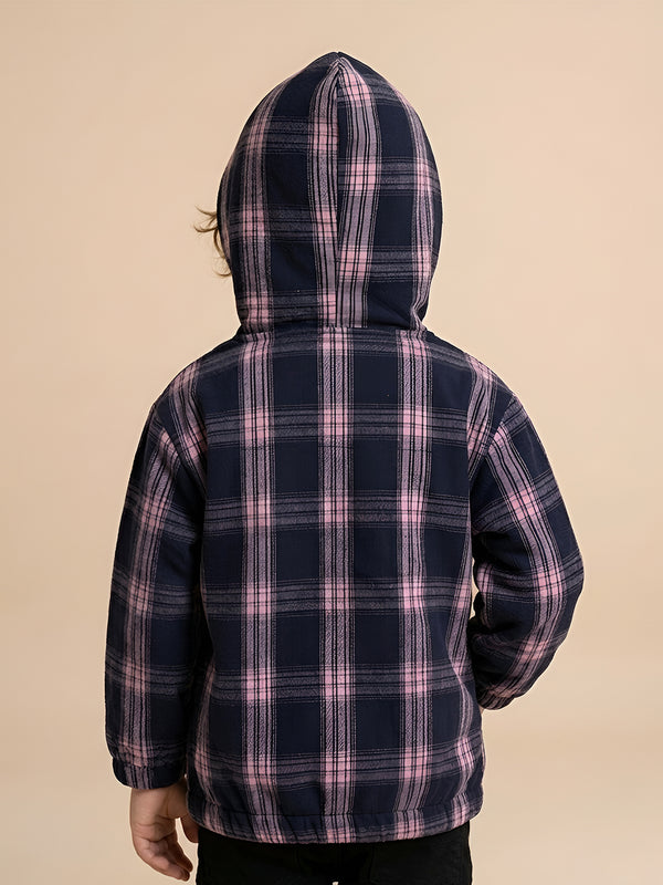 Polka Tots Kids Full Sleeves Checked Hoodie Shirt - Black and Pink