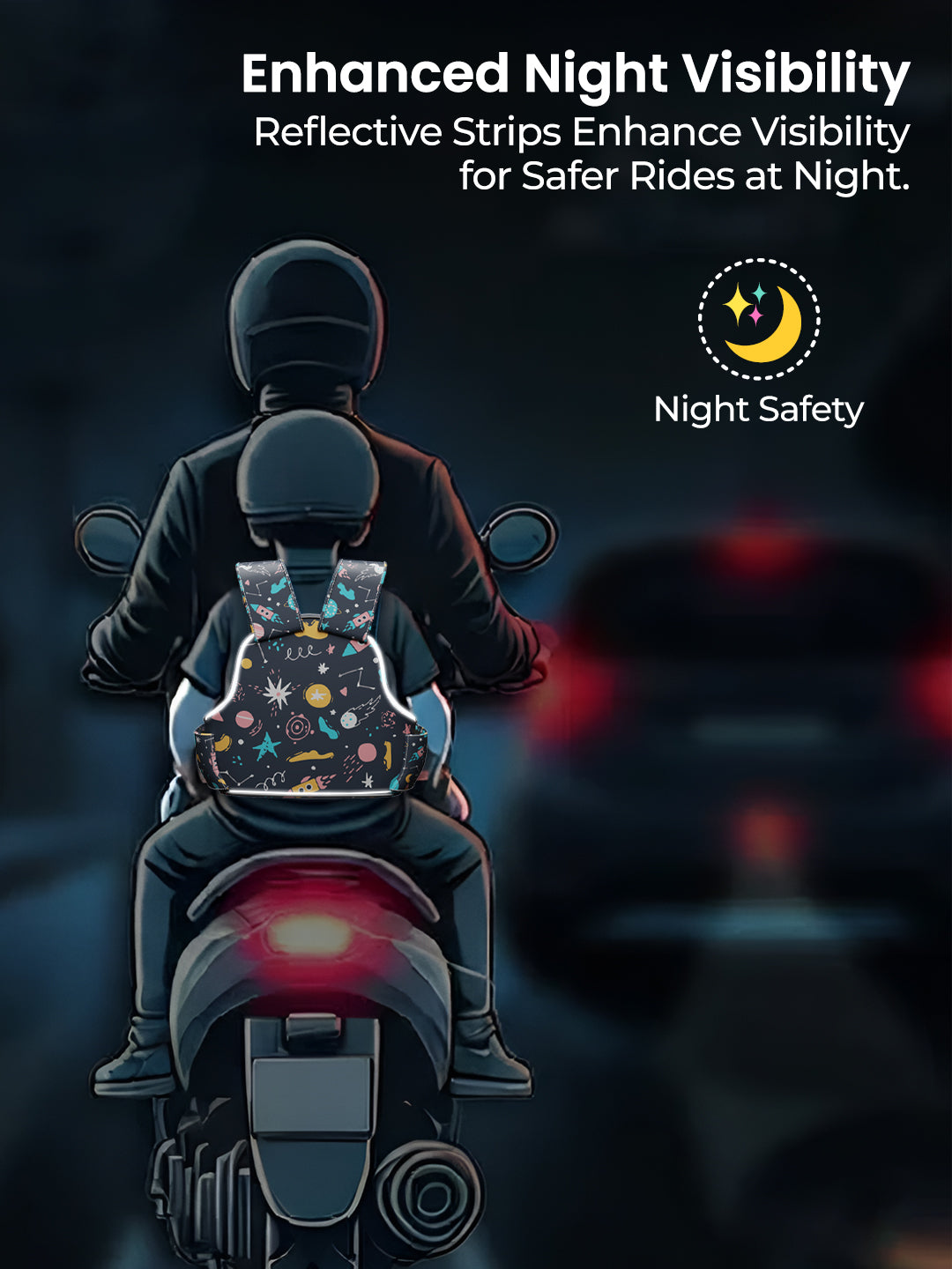 Person on a motorcycle with reflective safety vest at night, emphasizing enhanced visibility.