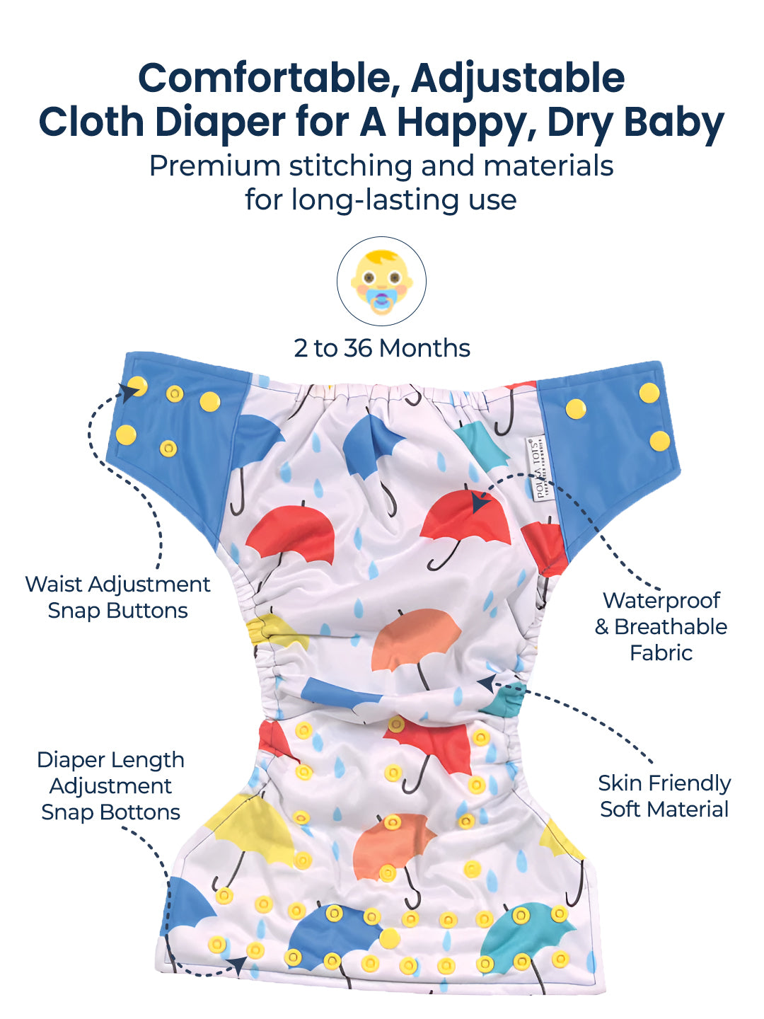 Colorful cloth diaper with umbrella pattern on a white background, featuring text about its features.