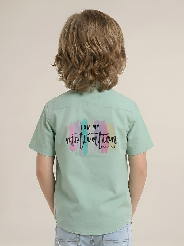 Polka Tots Cotton Regular Fit Half Sleeve Self Hero Metallic Print Shirt - Sea Green