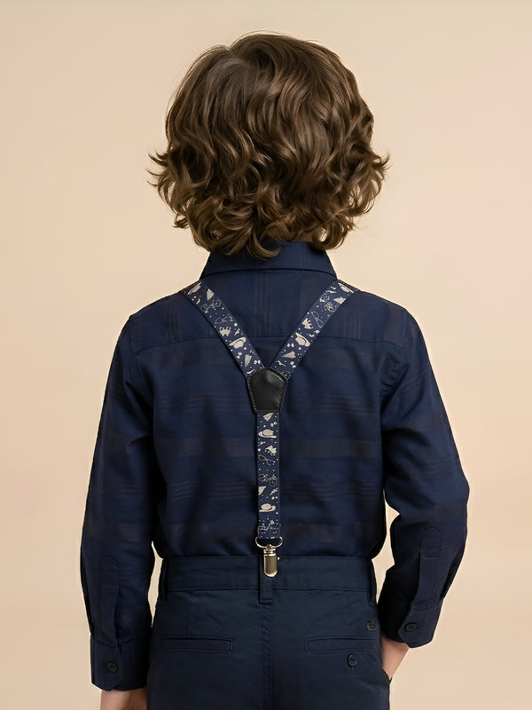 Polka Tots self stripe printed suspender shirt - Blue